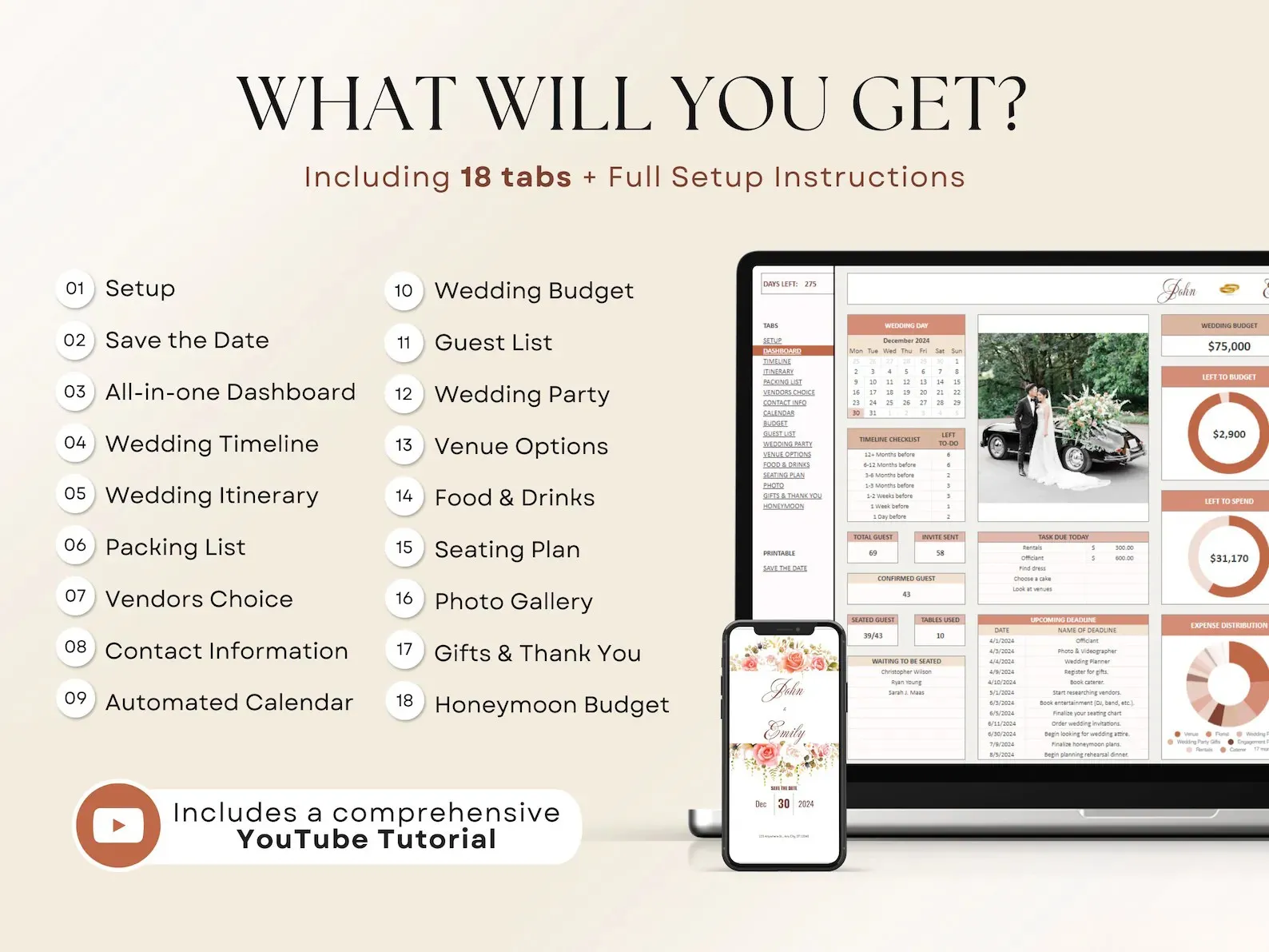 Wedding planner spreadsheet preview showing beautiful organization and automation features